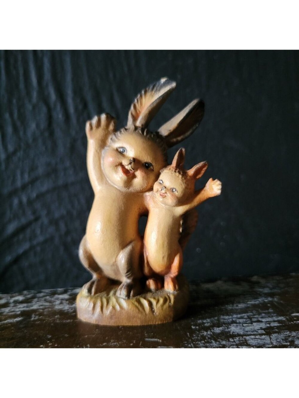 Vintage Greetings ANRI Ferrandiz Wood Carved Figurine - Rabbit & Squirrel Waving
